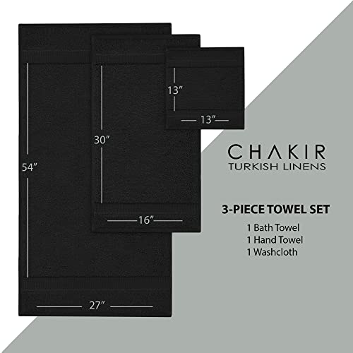 Chakir Turkish Linens Personalized 3 Piece Towel Set, 100% Cotton Luxury Turkish Towels for Bathroom, Soft Absorbent Towel Set with Bath Towel Hand Towel and Washcloth, Black - color: Black