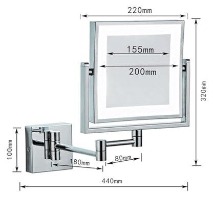 Wall Mounted Lighted Makeup Mirror Square Wall Mounted Double Sided 1X/3X Magnifying Mirror Rotation Extension Bathroom Mirror(Black,Hardwired) - color: Black