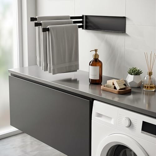 Swing Towel Holder Rack Matte Black | Wall Mounted Towel Bar, Swivel with 3-Arm for Bathroom Kitchen Storage