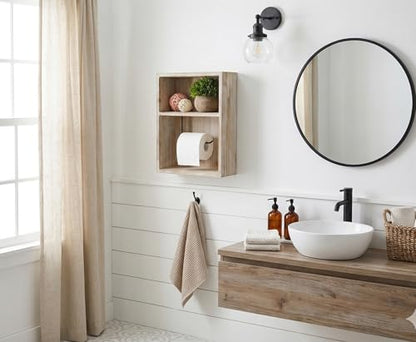 Wall Mount Toilet Paper Holder, Decorative Tissue Paper Roll Dispenser Floating Shelf, Recessed Cubby Box Bracket Cabinet, Storage, Reserve, Organize for Bathroom, Rustic Torch Wood- Grey