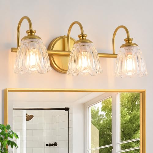 Bathroom Light Fixtures (3-Light), Vintage Brushed Gold Vanity Lights for Bathroom with Clear Tulip Crystal Glass Shade, Vanity Brass Wall Light Over Mirror for Bedroom Living Room Hallway - color: Gold, size: 3-Light
