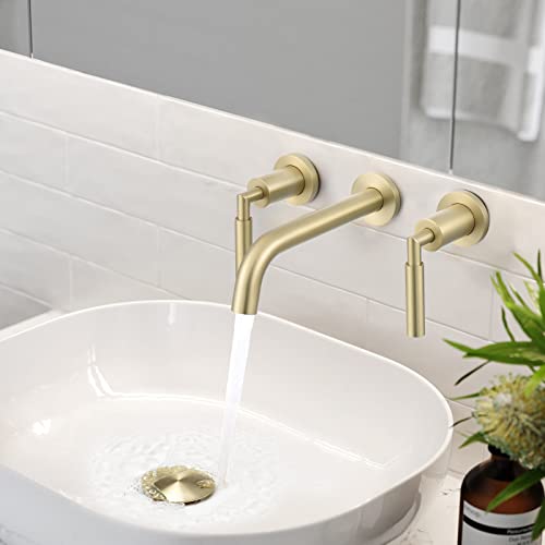 RBROHANT Gold Wall Mount Faucet with Pop up Drain Set for Sink Without Overflow, Brushed Gold Dual Handle Wall Mounted Bathroom Sink Faucet, Brass Rough-in Valve Included, RB0736D - color: Brushed Gold, style: Lever Handle Faucet with Drain