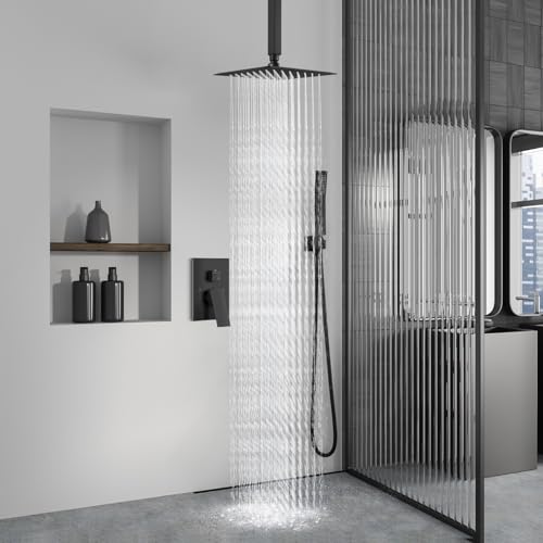 Aolemi Ceiling Shower Faucet with Handheld 8 Inch Head Matte Black | Shower Valve and Trim Kit,SUS304 Rain Head and Handle Set System,All Metal,Bathroom, Handheld Spray - color: Black, size: 8 Inch Ceiling Shower Head