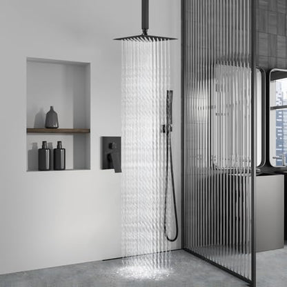 Aolemi Ceiling Shower Faucet with Handheld 8 Inch Head Matte Black | Shower Valve and Trim Kit,SUS304 Rain Head and Handle Set System,All Metal,Bathroom, Handheld Spray - color: Black, size: 8 Inch Ceiling Shower Head