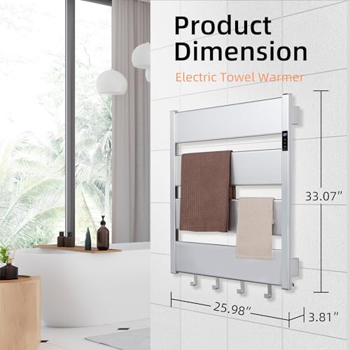 K&KALONZO Towel Warmer for Bathroom,Wall-Mounted Heated Towel Rack with Built-in Timer,Waterproof Alumnimum Electric Towel Heater, Support Plug-in and Hardwired, Sliver,H4-S