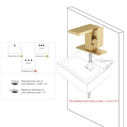 Hoimpro Bathroom Faucet 1 Hole, Single Handle Sink Faucets Brushed Gold | Widespread Vanity Faucet with 6 Inch Deck Plate Pop-up Drain & cUPC Supply Line Stainless Steel, for Vanity RV Restroom - color: Brushed Gold