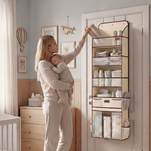 Baby Nursery Over The Door Organizer, 10 Pocket Hanging Storage | Removable Diaper Caddy & 3 Sturdy Hooks, 55LBS Capacity Baby Essentials Holder for Bathroom Bedroom Closet, Beige