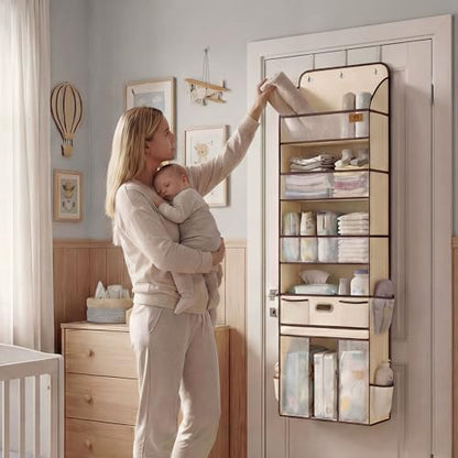 Baby Nursery Over The Door Organizer, 10 Pocket Hanging Storage | Removable Diaper Caddy & 3 Sturdy Hooks, 55LBS Capacity Baby Essentials Holder for Bathroom Bedroom Closet, Beige