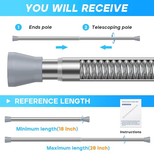 Tension Rod 16 to 26 Inch Sliver Tension Curtain Rod No Drill Spring Tension Rod 2pack Small Tension Rod for Cupboard Closet Bookshelf Diy Projects Wardrobe Spring Loaded Curtain Rods - color: Silver, size: 16-26 inch 2pcs