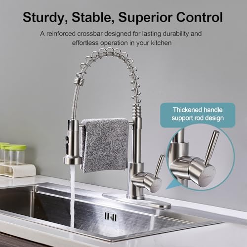 Kitchen Faucets with Pull Down Sprayer, Brushed Nickel Stainless Steel Single Handle Pull Out Spring Sink Faucet, 3 Function Sprayer 1 or 3 Hole Deck Plate for Farmhouse Laundry Rv Bar - color: Brushed Nickel, style: Classic