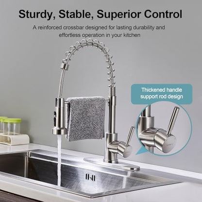 Kitchen Faucets with Pull Down Sprayer, Brushed Nickel Stainless Steel Single Handle Pull Out Spring Sink Faucet, 3 Function Sprayer 1 or 3 Hole Deck Plate for Farmhouse Laundry Rv Bar - color: Brushed Nickel, style: Classic