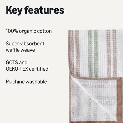 Amazon Basics Organic Cotton Waffle Kitchen Dish Towels - Ultra Absorbent, Quick Drying, Lint-Free, 15 x 25 inches, 6-Pack (2pc Olive Light/Brown Strip, 2pc Brown, 1pc Olive, 1pc White) - color: 2pc Olive Light/Brown Strip, 2pc Brown, 1pc Olive, 1pc White