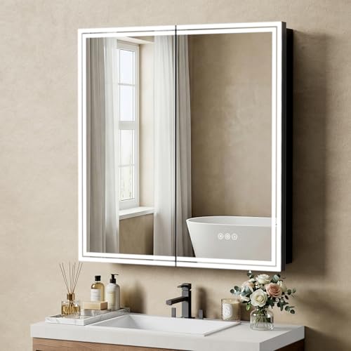 30"x32" Lighted Bathroom Medicine Cabinet, LED Medicine Cabinet Mirror with Electrical Outlet & USB Port, Defogger and Dimmable 3 Colors Adjustment, Aluminum Door Frame-Recessed/Wall Mounted - size: 30" x 32”