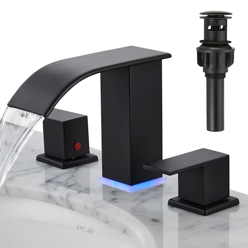 Bathroom Faucet 3 Hole, Matte Black Waterfall Bathroom Faucets, 8 Inch Widespread Modern Bathroom Sink Faucet & Parts, Wide Spread Touch On Three Hole 2 Handle Bathroom Vanity Faucet - color: Matte Black