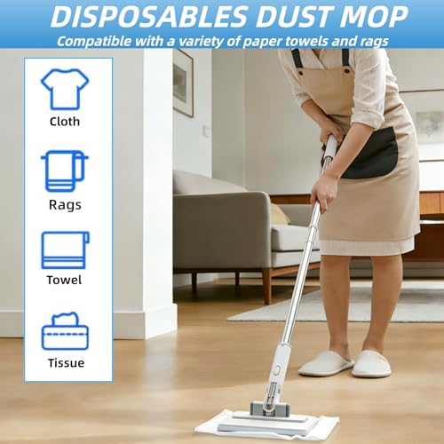 4 in 1 Snap Grip Mini Mop with Squeegee, Floor Scrub Brush with Long Handle | Click Mop, 2 Shiny Towels Wipes Cleaning Cloths, 2 Crevice Brush, Snap Grip Mop for Windows Car Glass Floor Shower Bathroom