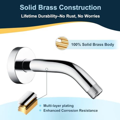 BRIGHT SHOWERS Brass Shower Arm with Flange 6 Inch Wall Mounted Shower Pipe Arm Extension for Fixed Shower Head and Handheld showerhead, Chrome - color: Chrome, style: Basic 6 Inch