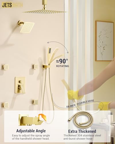 Dual Rainfall Head Shower System with 4 Body Jets, JetsBath Shower Faucet Set Double Shower Head 6-Inch Shower & 12” Rain Shower, Luxury Brushed Gold Shower Faucet Set Tandem Shower Head System - color: Brushed Gold