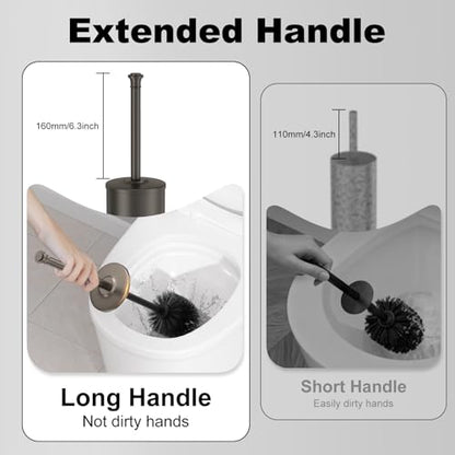 Pewter Toilet Brush and Holder，Extra Long Handled Toilet Brush for Bathroom，Stainless Steel Heavy Duty Toilet Bowl Brush,Removable Inner Bowl,Deep Cleaning Dense Bristles Cleaner Brush -Space Saving - color: Pewter