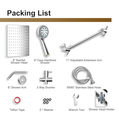 Shower Head with Handheld Spray, 8" High Pressure Rain Shower Head Combo with Adjustable Extension Arm, 5 Spray Modes Dual Showerhead Set, Detachable Handheld Shower, 304 Stainless Steel, Chrome