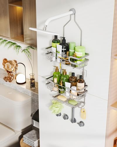 HapiRm Bathroom Hanging Shower Caddy - Rustproof Shower Shelf with 12 Hooks and 2 Soap Holders, No Drilling Bathroom Organizers and Storage - Brushed Nickel - color: Brushed Nickel(Large)
