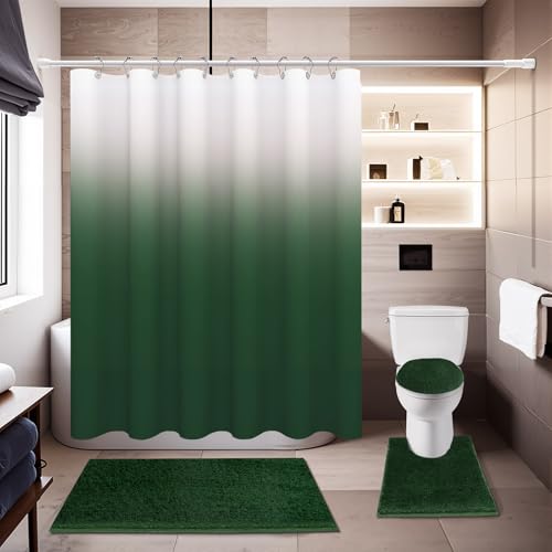 Shower Curtain Sets with Rugs and Adjustable Toilet Seat Cover | 4 Pcs Gark Green Bathroom Sets with Shower Curtain and Rugs and Microfiber Toilet Lid Cover - color: Gark Green