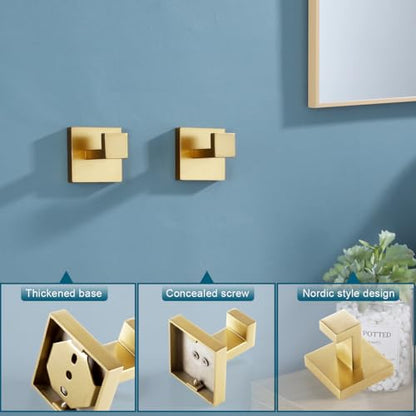 KOKOSIRI Bath Towel Hook Wall Mount Square Robe Hook Coat Hook, Bathroom Kitchen Garage Heavy Duty Wall Mounted, SUS 304 Stainless Steel, Brushed Gold, B1010BG-P2 - color: Brushed Gold, size: 2 Pack