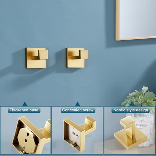 KOKOSIRI Bath Towel Hook Wall Mount Square Robe Hook Coat Hook, Bathroom Kitchen Garage Heavy Duty Wall Mounted, SUS 304 Stainless Steel, Brushed Gold, B1010BG-P2 - color: Brushed Gold, size: 2 Pack