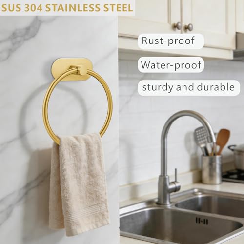Self-Adhesive Towel Ring, No Drill Stainless Steel Round Hand Towel Holder, Rustproof Waterproof Towel Hanger with Strong Sticky Base, Modern Wall-Mounted Towel Loop for Bathroom Kitchen (Gold) - color: Gold