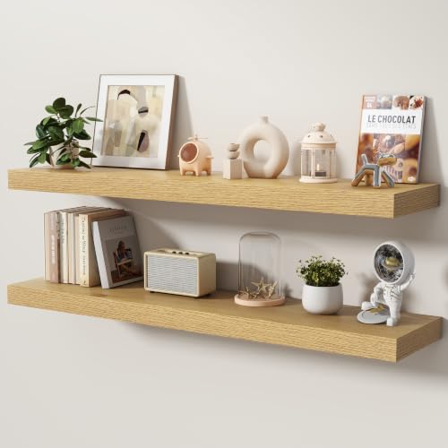 Floating Shelves for Wall, 48 Inch x 8 Inch Deep Wall Mounted Wood Shelf with Invisible Brackets for Storage & Display, Living Room Bedroom Kitchen, Oak, Set of 2 - color: Oak, size: 48 Inch, Set of 2