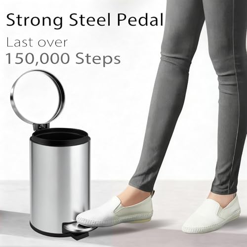 TIPGO Small Bathroom Trash Can with Lid Soft Close, 1.2 Gal, Silver | Hands-Free Step Pedal, Removable Inner Bucket, 4.5 Liters, Round Stainless Steel Garbage Can for Bedroom, Office, Kitchen - color: Silver