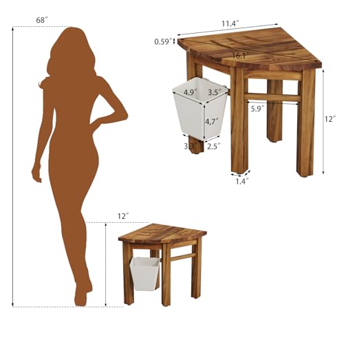 Kiasthome Teak Corner Shower Bench, Waterproof Bathroom Teak Shower Bench, Sturdy Non-Slip Bath Shower Foot Stool for Shaving Legs with Storage Basket - size: Small