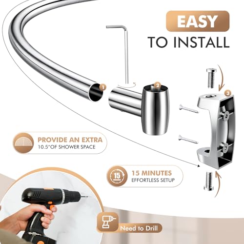 Curved Shower Curtain Rod for Bathroom, 40-72 Inches Adjustable Shower Rod | Rustproof Shower Curtain Rod with Rotating Brackets for Extra 30% Large Shower Space, 0.9MM thickness, Need to Drill, Chrome - color: Chrome