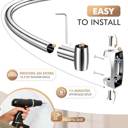 Curved Shower Curtain Rod for Bathroom, 40-72 Inches Adjustable Shower Rod | Rustproof Shower Curtain Rod with Rotating Brackets for Extra 30% Large Shower Space, 0.9MM thickness, Need to Drill, Chrome - color: Chrome