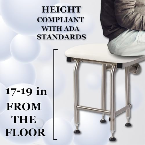 Padded Folding Shower Seat with Legs - Wall Mount Bench for Inside Shower / Bathroom Safety Assist / 304 Stainless Steel / Marine Vinyl / 32" x 16" - size: 32 x 16"