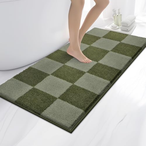 Bathroom Rugs, 24" x 60" Bath Rugs, Checkered Budding Green & Sage Green | Non-Slip, Super Absorbent, Machine Washable, Quick Dry, Bath Mats for Shower and Bathtub, TPR Backing - color: Checkered-budding Green & Sage Green, size: 24" X 60"