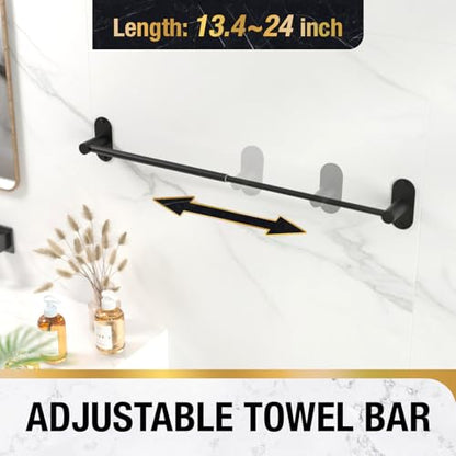 HITSLAM Self Adhesive and Screw Mounted Towel Bar, Adjustable 13.4-24 Inch Wall Mount Towel Holder, SUS304 Stainless Steel Bathroom Towel Rack, Matte Black - color: Matte Black