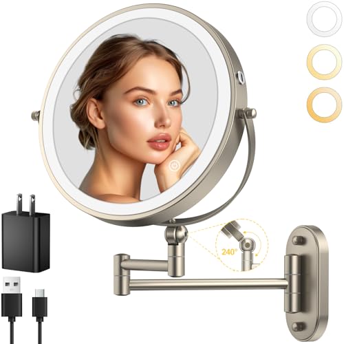 IMIKONA 9" Wall Mounted Lighted Makeup Mirror,4000mAh Rechargeable Double Sided 1X/10X Magnifying Mirror with Light,3 Color Lights,Touch Dimmable,Extended Arm 360 Rotation Wall Mounted Makeup Mirror - color: Nickel