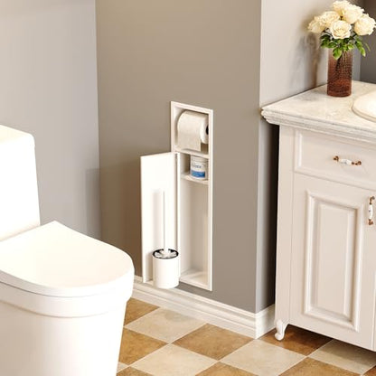 Qeke in Wall Toilet Brush Holder w/Cabinet, White, 4" Depth | 304 Stainless Steel Rustproof Recessed Toilet Brush Holder, Tissue Paper Holder w/ Toilet Brush for Bathroom - color: Matte White