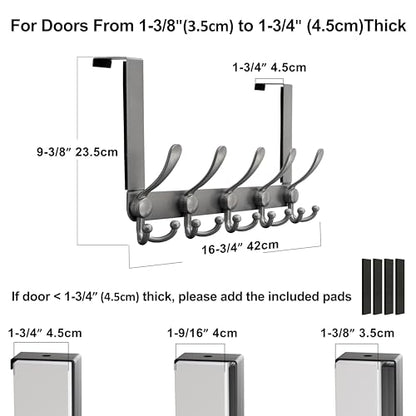 Over Door Hook 2.0 - Upgraded Version - Simple-Assembly, Strong, Heavy-Duty Stainless Steel 5-Tri-Hook Over The Door Hanger Rack, SimpleStrong Series, Grey, Pack of 2 - color: Gray