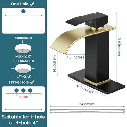 Bathroom Faucets Black and Gold Waterfall Bathroom Sink Faucet | with Pop-up Drain Supply Hoses and Deck,Single Handle Vanity Faucet,Stainless Steel,1 or 3 Hole,RV,Farmhouse Bathrooms - color: B-Black and Gold, style: Short