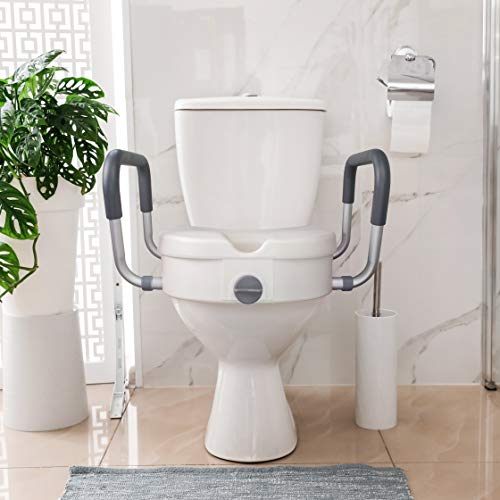 RMS Raised Toilet Seat - 5 Inch Elevated Riser with Adjustable Padded Arms | Toilet Safety Seat for Elongated or Standard Commode