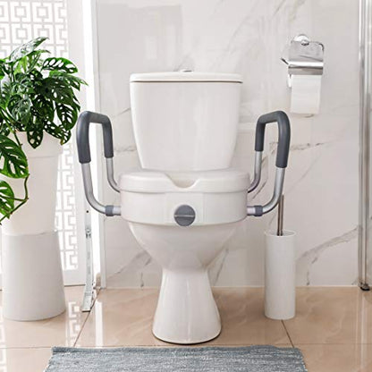 RMS Raised Toilet Seat - 5 Inch Elevated Riser with Adjustable Padded Arms | Toilet Safety Seat for Elongated or Standard Commode