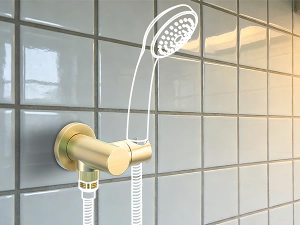 Bathroom Brass Round Water Supply Elbows Angle Adjustable Wall Mount HandHeld Shower Head Bracket with On/Off Flow Control Holder, Brushed Gold - color: Brushed Gold