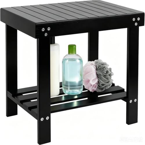 VaeFae Bamboo Spa Bench Seat Stool Foot Rest Shaving Stool with Non-Slip Feets Storage Shelf for Shampoo Towel,Works in Bathroom/Living Room/Bedroom/Garden Leisure (Black) - size: Black 17.3" x 11" x 16.1"