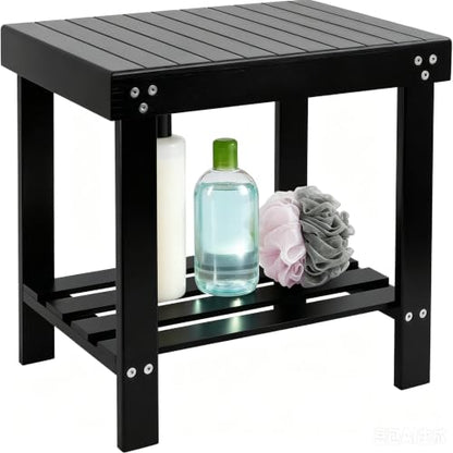 VaeFae Bamboo Spa Bench Seat Stool Foot Rest Shaving Stool with Non-Slip Feets Storage Shelf for Shampoo Towel,Works in Bathroom/Living Room/Bedroom/Garden Leisure (Black) - size: Black 17.3" x 11" x 16.1"