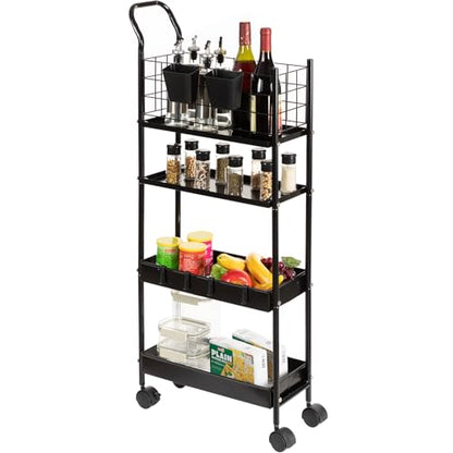 danpinera 4 Tier Slim Cart with Wheels, 7.7’’ Metal Skinny Rolling Storage Cart on Wheels for Kitchen, Bedroom, Office, Laundry Room, Small Narrow Spaces with Hooks and Cups, Black