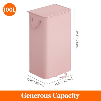 Lifewit Single Laundry Hamper with Lid and Removable Laundry Bags, Large Collapsible 1 Dividers Dirty Clothes Basket with Handles for Bedroom Laundry Room Closet Bathroom College, 100L Pink - color: Pink, size: 100L