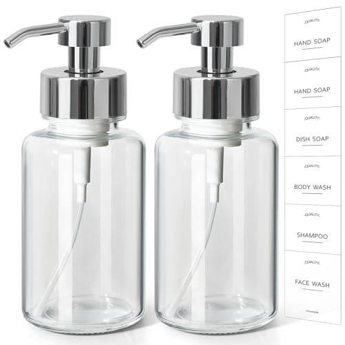 Foaming Soap Dispenser, 14.1 oz/400ml Foaming Hand Soap Dispenser, 2 Pack Glass Foaming Dispenser for Bathroom & Kitchen, Clear Refillable Liquid Dispenser Bottle with Waterproof Labels - color: Clear Bottle+silver Pump