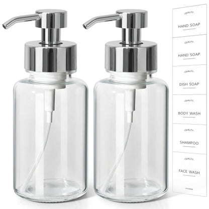 Foaming Soap Dispenser, 14.1 oz/400ml Foaming Hand Soap Dispenser, 2 Pack Glass Foaming Dispenser for Bathroom & Kitchen, Clear Refillable Liquid Dispenser Bottle with Waterproof Labels - color: Clear Bottle+silver Pump
