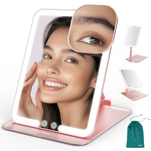 Mocado Travel Makeup Mirror with Light, Foldable Lighted Makeup Mirror | 7x5 Inches, 3 Colors Lighting, Height & Angle Adjustable, 0-100% Brightness, 2000mAh Rechargeable,Memory Function(Rose Gold) - color: Rose Gold, size: 7.5"L x 5"W